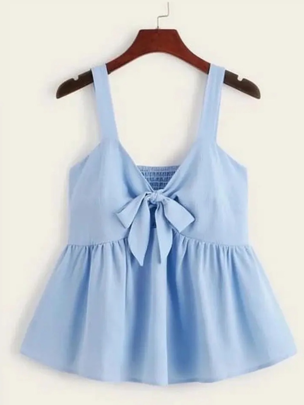 Light Blue Tie-Front Sleeveless Peplum Top